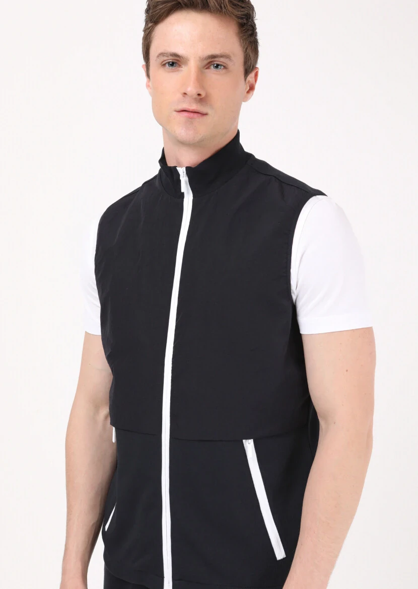 Navy Blue Regular Fit Turtleneck Casual Knitting Puffer Vest - 4