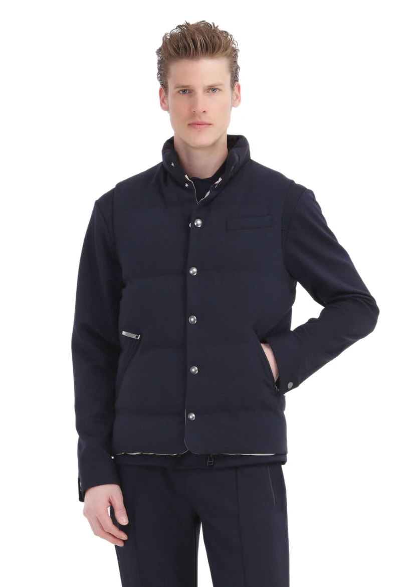 Navy Blue Regular Fit Turtleneck Casual Knitting Puffer Vest - RAMSEY