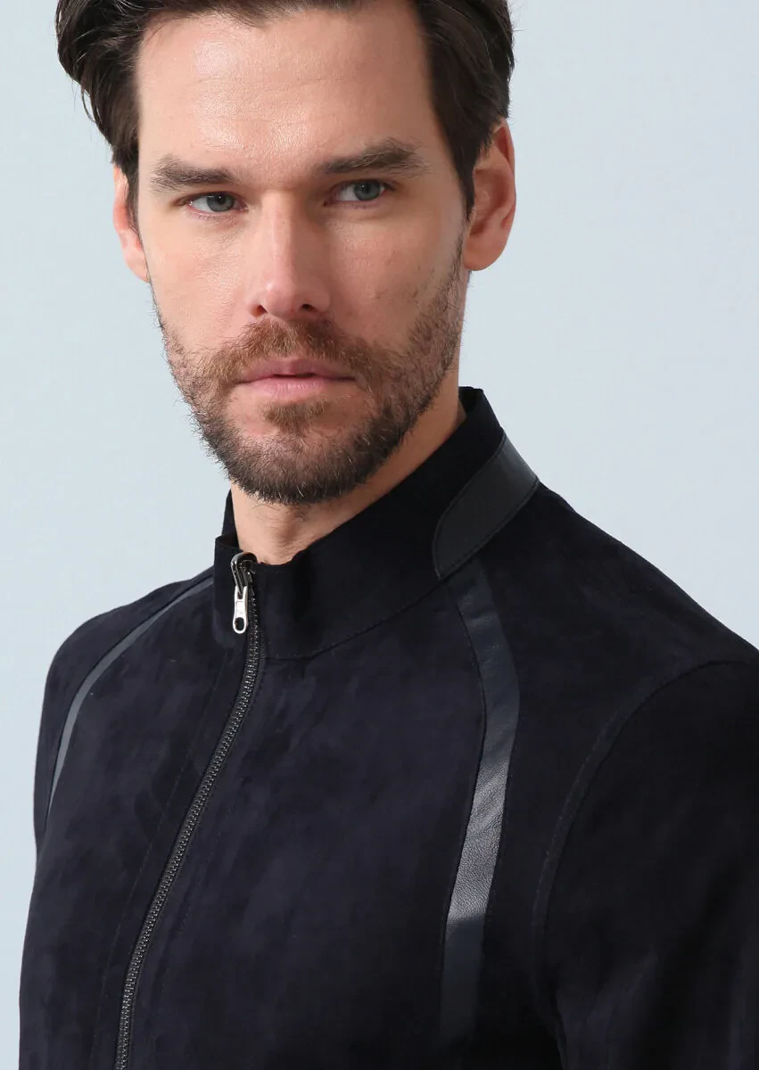 Navy Blue Regular Fit Turtleneck Casual Leather Leather Coat - 1