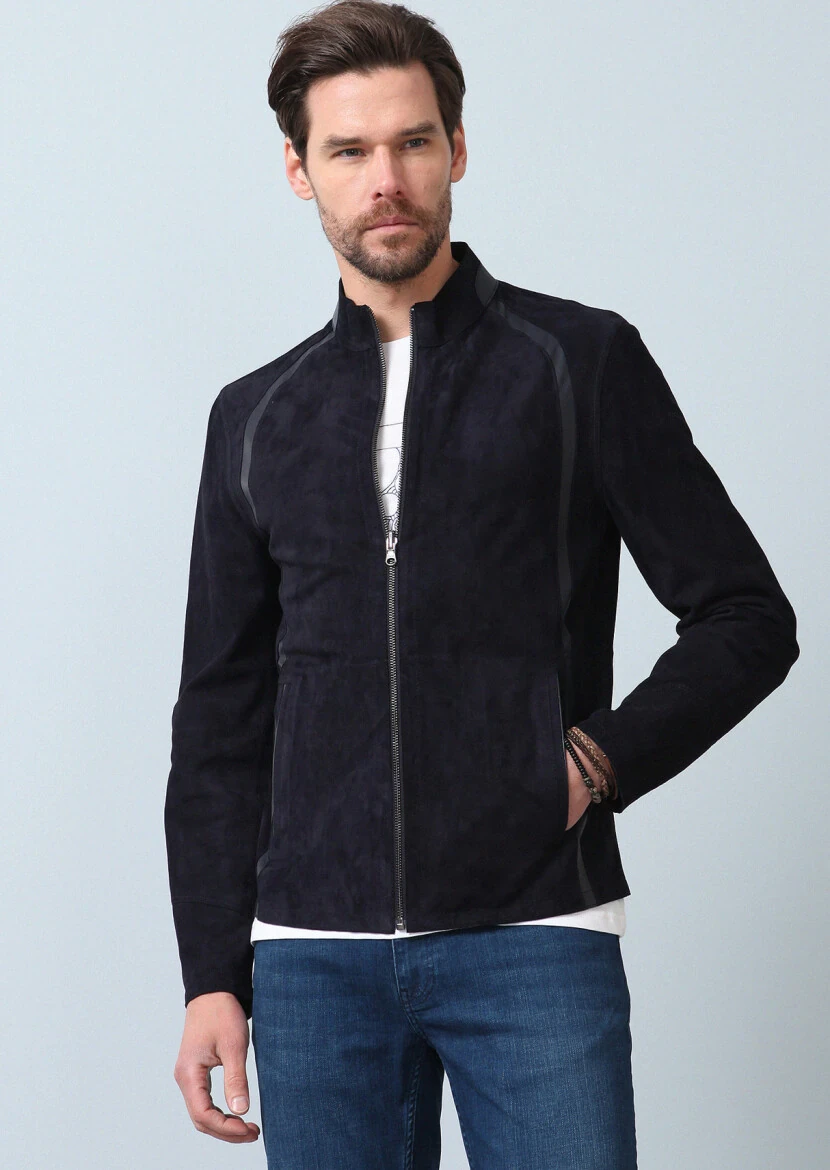 Navy Blue Regular Fit Turtleneck Casual Leather Leather Coat - 3