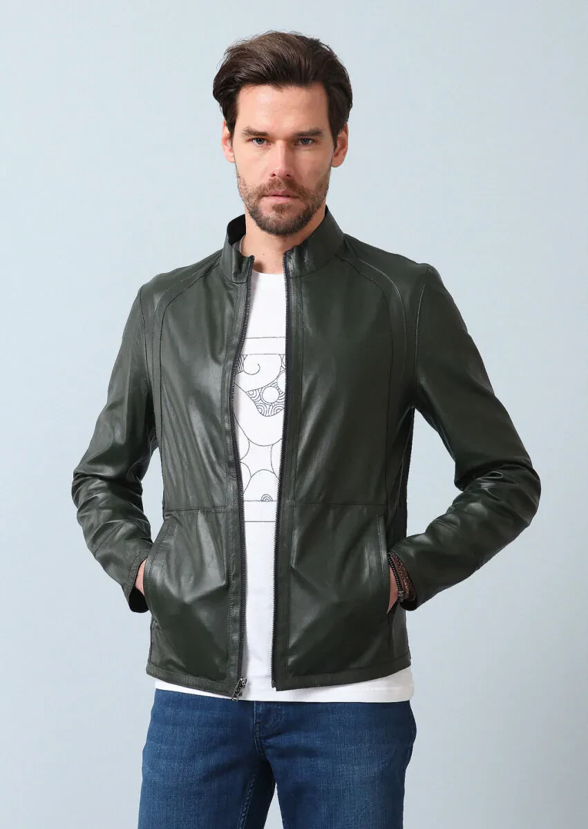 Navy Blue Regular Fit Turtleneck Casual Leather Leather Coat - 4