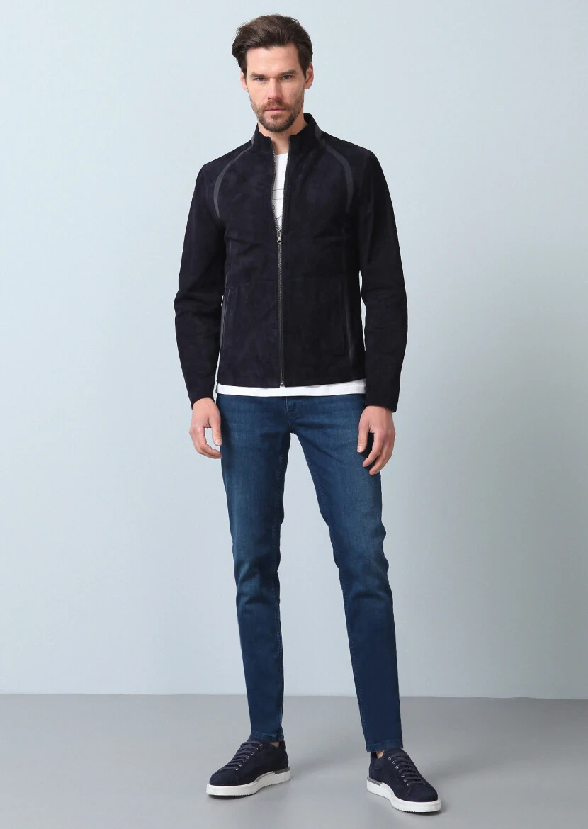 Navy Blue Regular Fit Turtleneck Casual Leather Leather Coat - 5