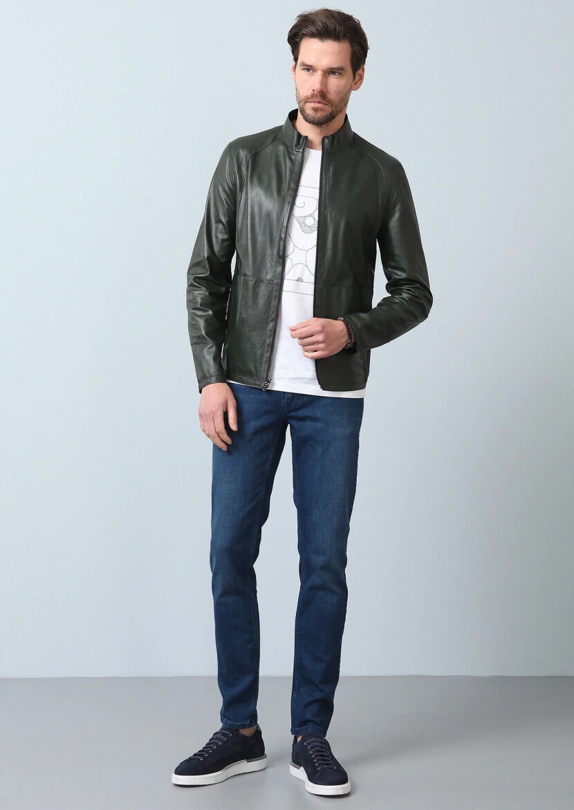 Navy Blue Regular Fit Turtleneck Casual Leather Leather Coat - 6