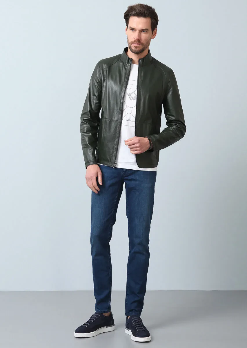 Navy Blue Regular Fit Turtleneck Casual Leather Leather Coat - 6