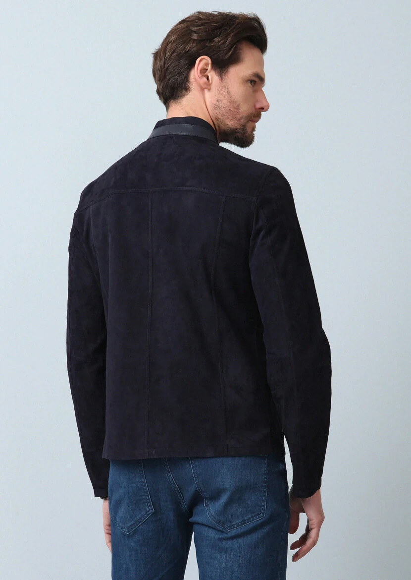 Navy Blue Regular Fit Turtleneck Casual Leather Leather Coat - 7