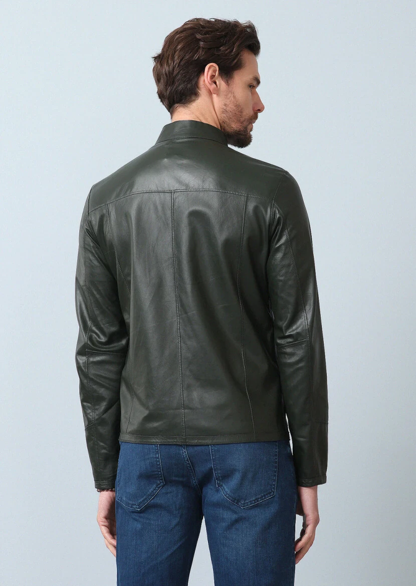 Navy Blue Regular Fit Turtleneck Casual Leather Leather Coat - 8