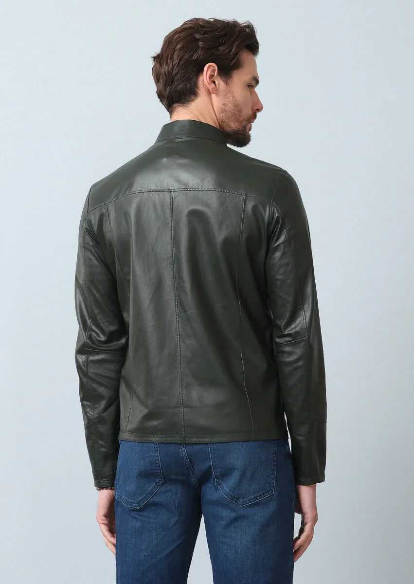 Navy Blue Regular Fit Turtleneck Casual Leather Leather Coat - 8