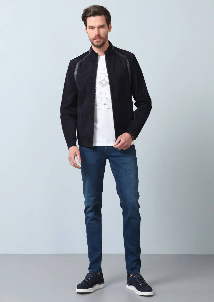 Navy Blue Regular Fit Turtleneck Casual Leather Leather Coat - 10