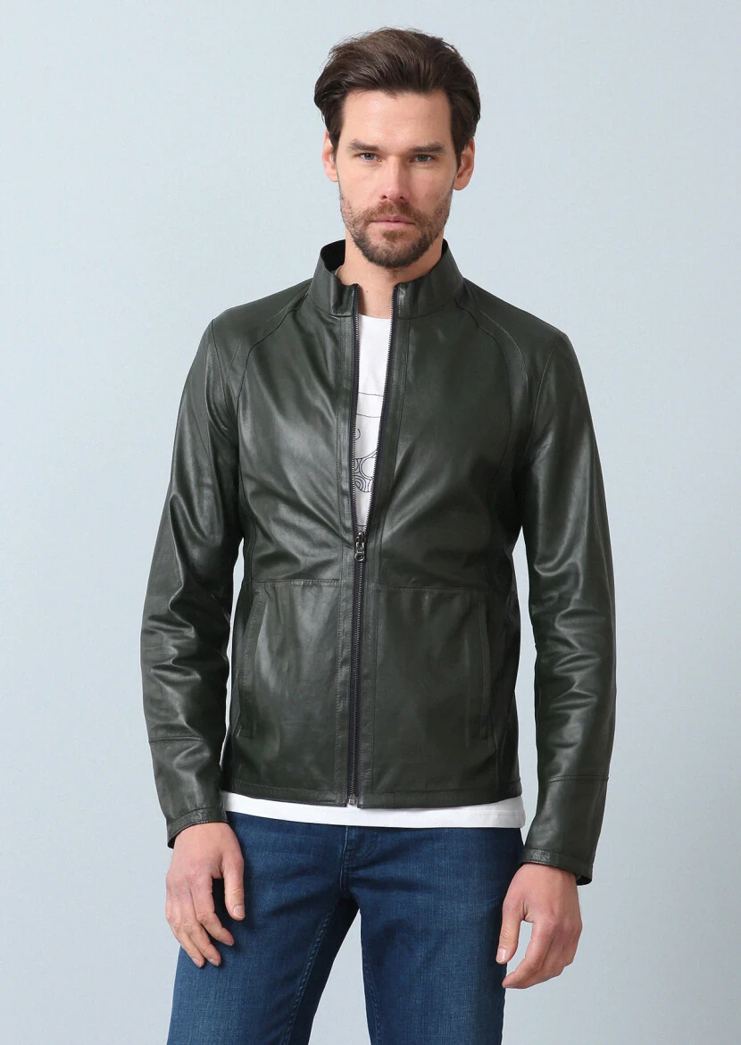 Navy Blue Regular Fit Turtleneck Casual Leather Leather Coat - 11