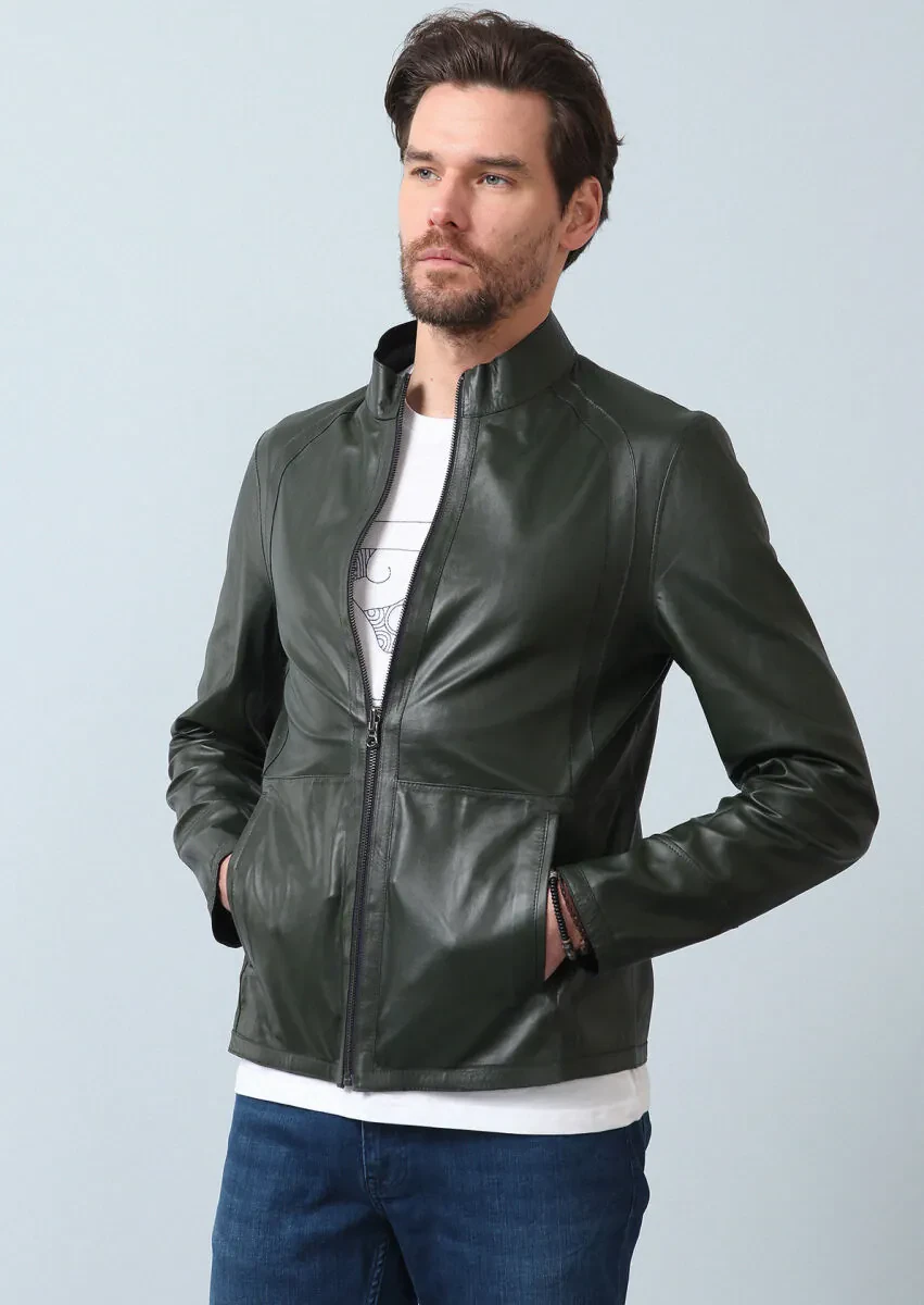 Navy Blue Regular Fit Turtleneck Casual Leather Leather Coat - 12