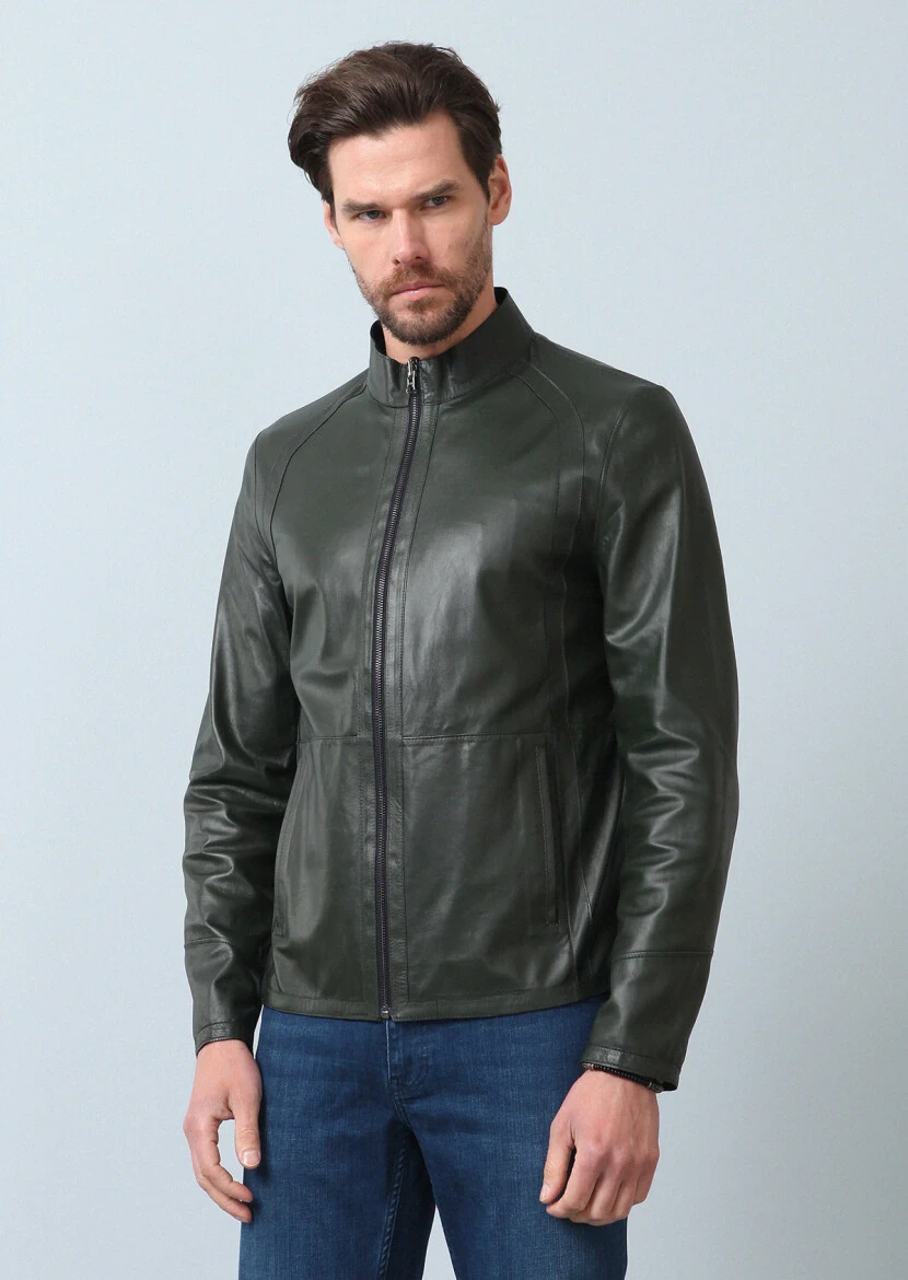 Navy Blue Regular Fit Turtleneck Casual Leather Leather Coat - 13