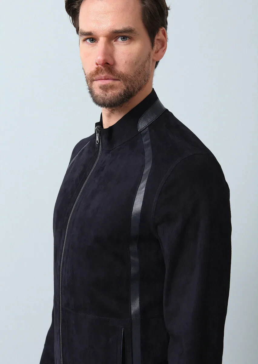 Navy Blue Regular Fit Turtleneck Casual Leather Leather Coat - 14