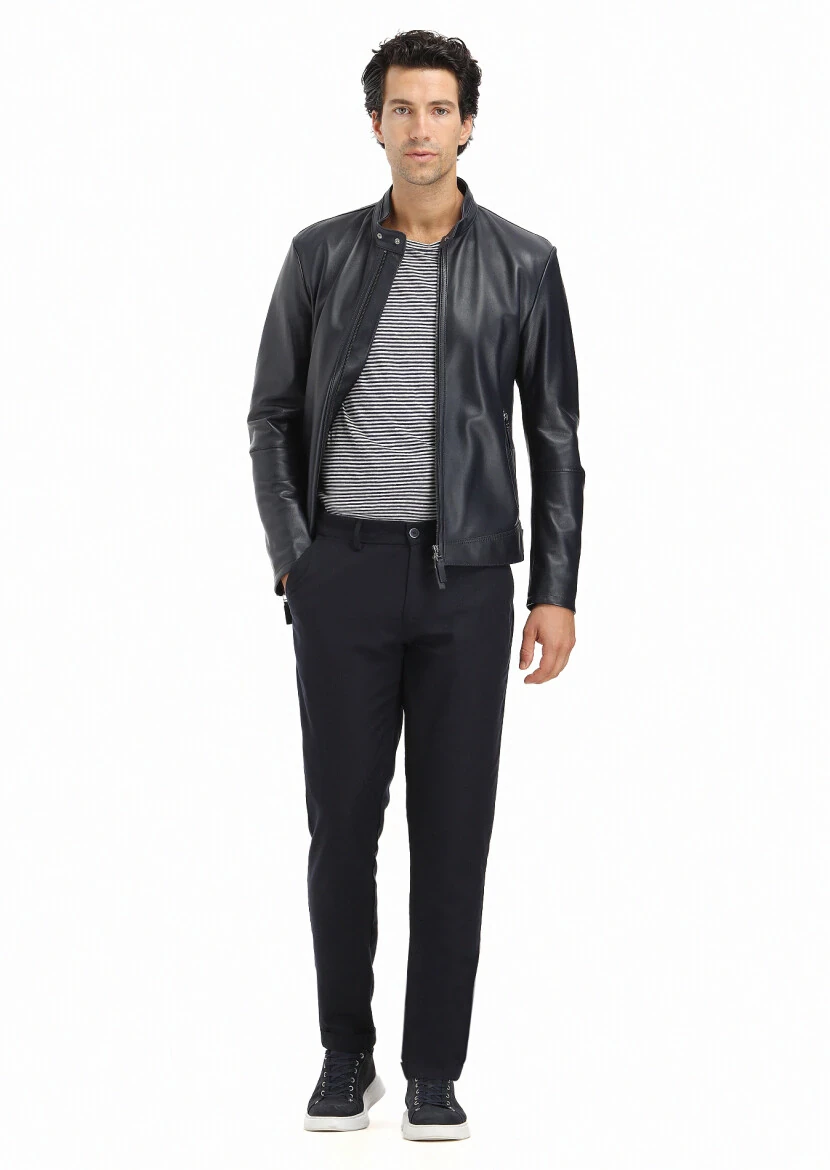 Navy Blue Regular Fit Turtleneck Casual Leather Leather Coat - RAMSEY