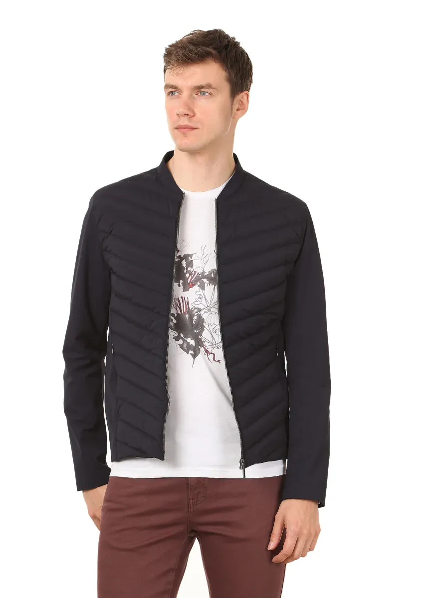 Navy Blue Regular Fit Turtleneck Casual Weaving Coat - 2