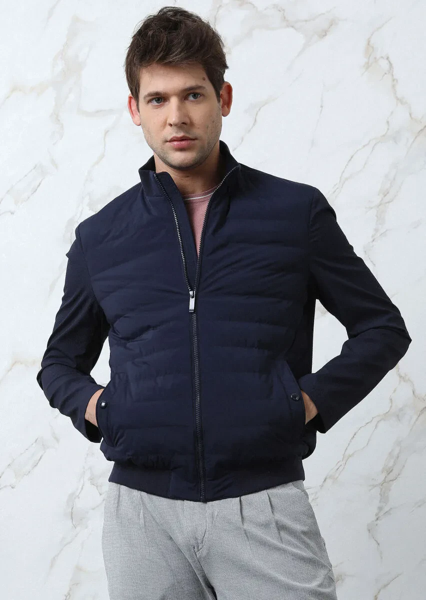 Navy Blue Regular Fit Turtleneck Casual Weaving Coat - 2