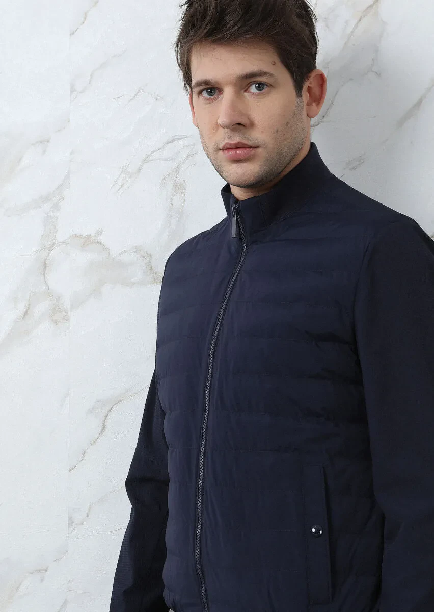 Navy Blue Regular Fit Turtleneck Casual Weaving Coat - 3