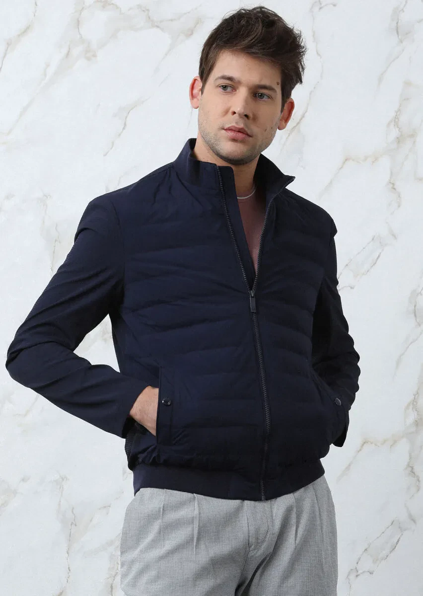 Navy Blue Regular Fit Turtleneck Casual Weaving Coat - 4