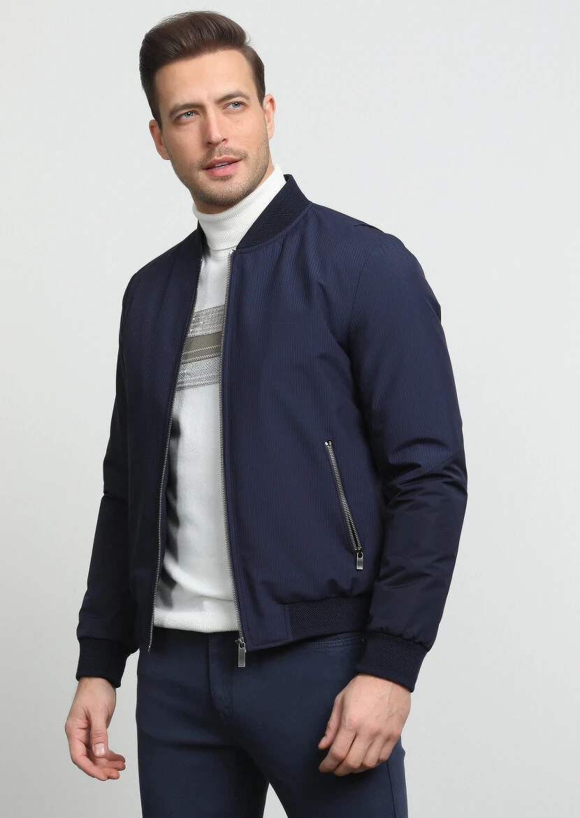 Navy Blue Regular Fit Turtleneck Casual Weaving Coat - 1