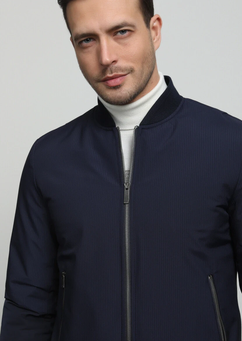 Navy Blue Regular Fit Turtleneck Casual Weaving Coat 