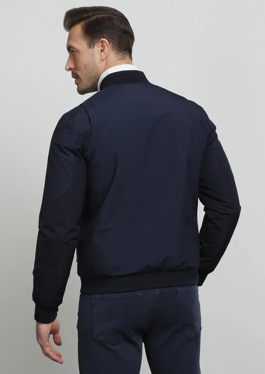 Navy Blue Regular Fit Turtleneck Casual Weaving Coat - 4