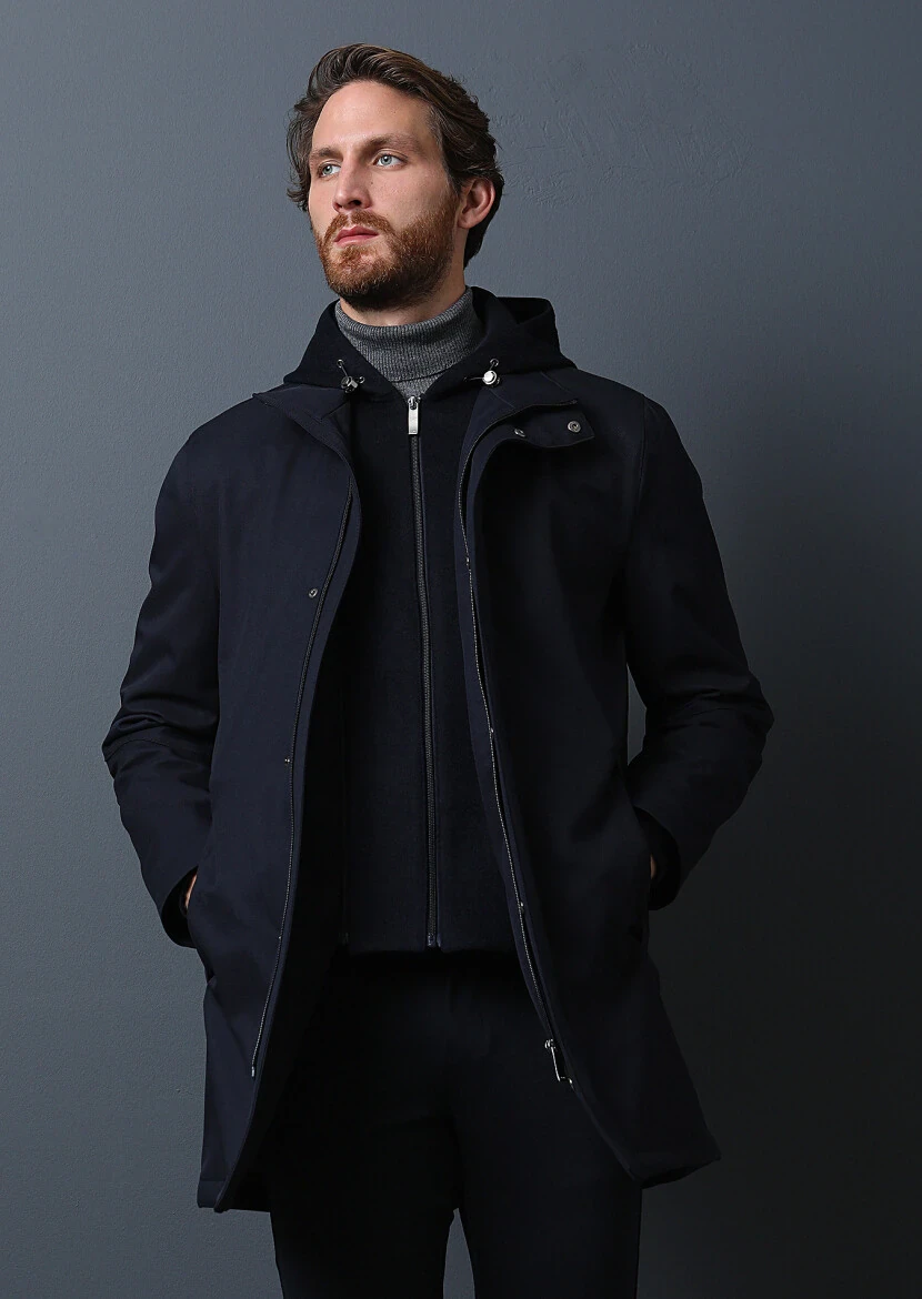 Navy Blue Regular Fit Turtleneck Casual Weaving Coat - 1