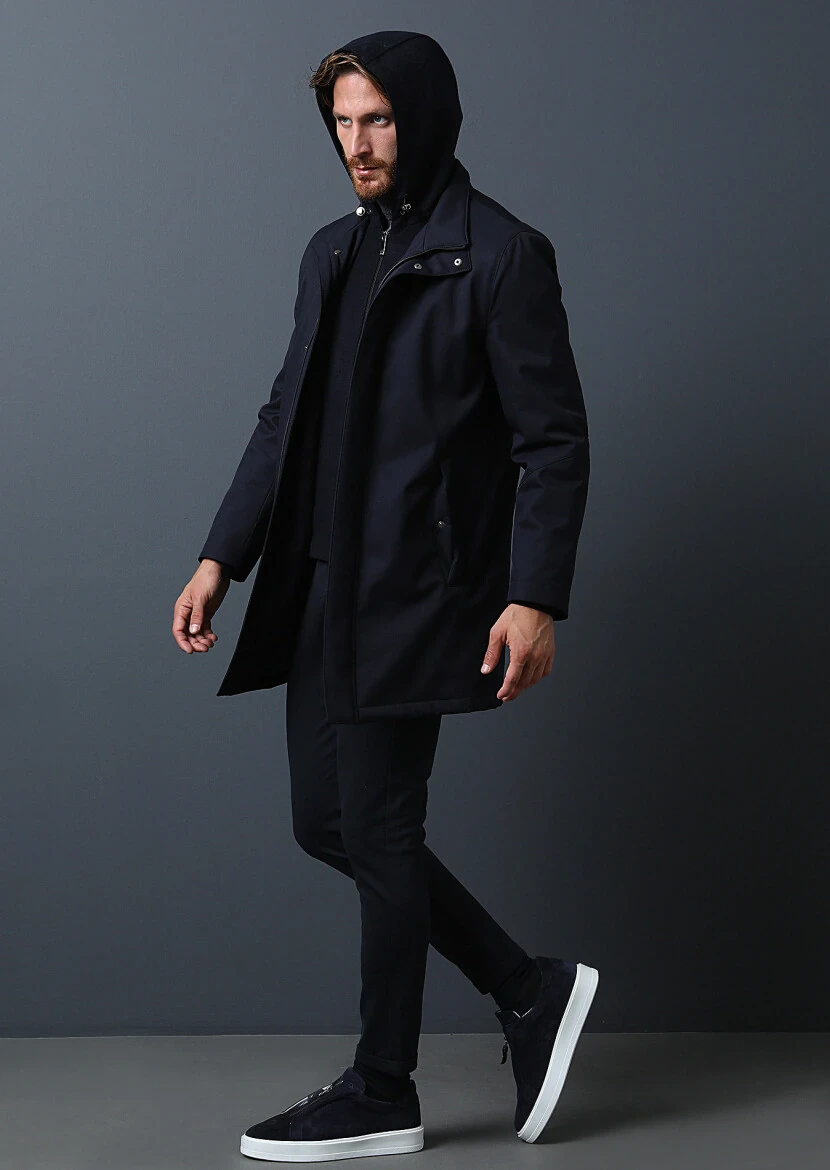 Navy Blue Regular Fit Turtleneck Casual Weaving Coat - 2