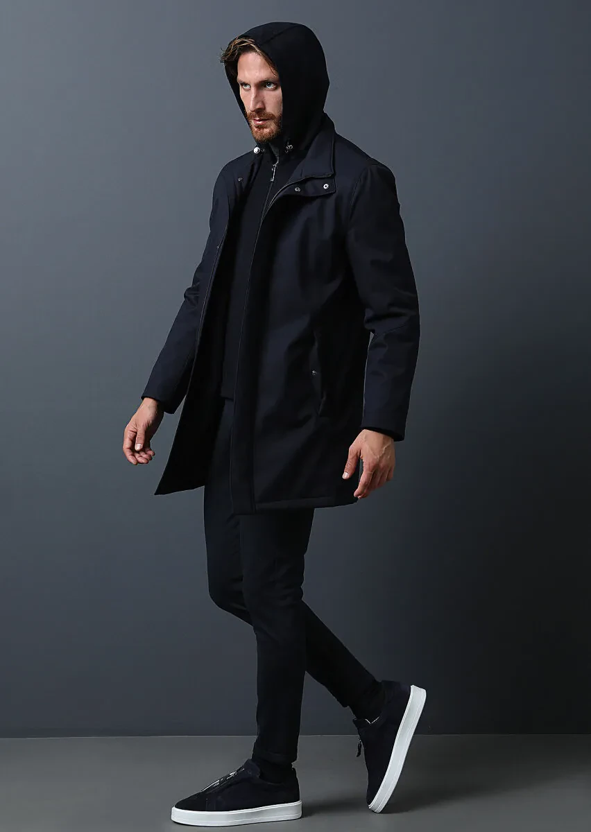 Navy Blue Regular Fit Turtleneck Casual Weaving Coat - 2