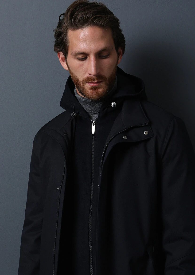 Navy Blue Regular Fit Turtleneck Casual Weaving Coat - 3