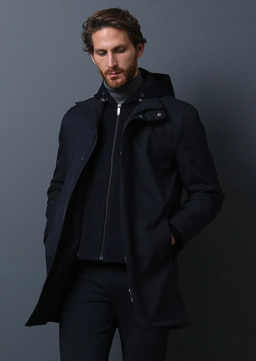 Navy Blue Regular Fit Turtleneck Casual Weaving Coat - 4