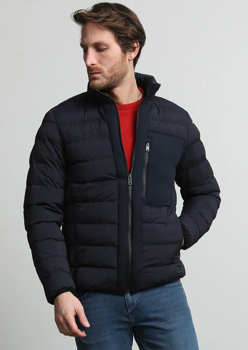 Navy Blue Regular Fit Turtleneck Casual Weaving Coat - 3