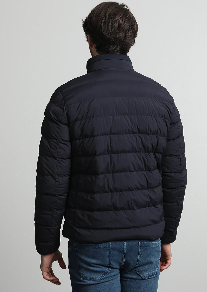 Navy Blue Regular Fit Turtleneck Casual Weaving Coat - 4