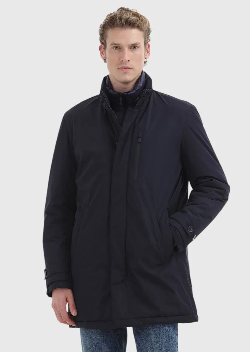 Navy Blue Regular Fit Turtleneck Casual Weaving Coat - 2