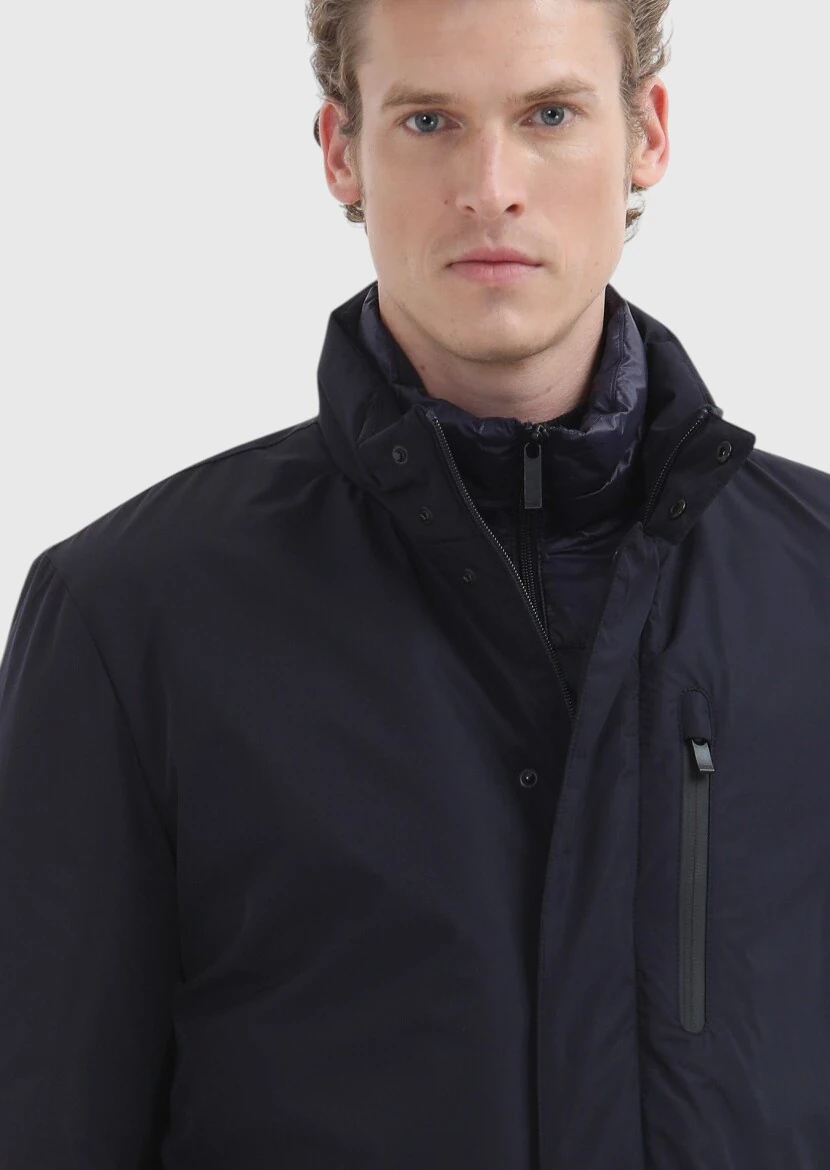 Navy Blue Regular Fit Turtleneck Casual Weaving Coat - 3