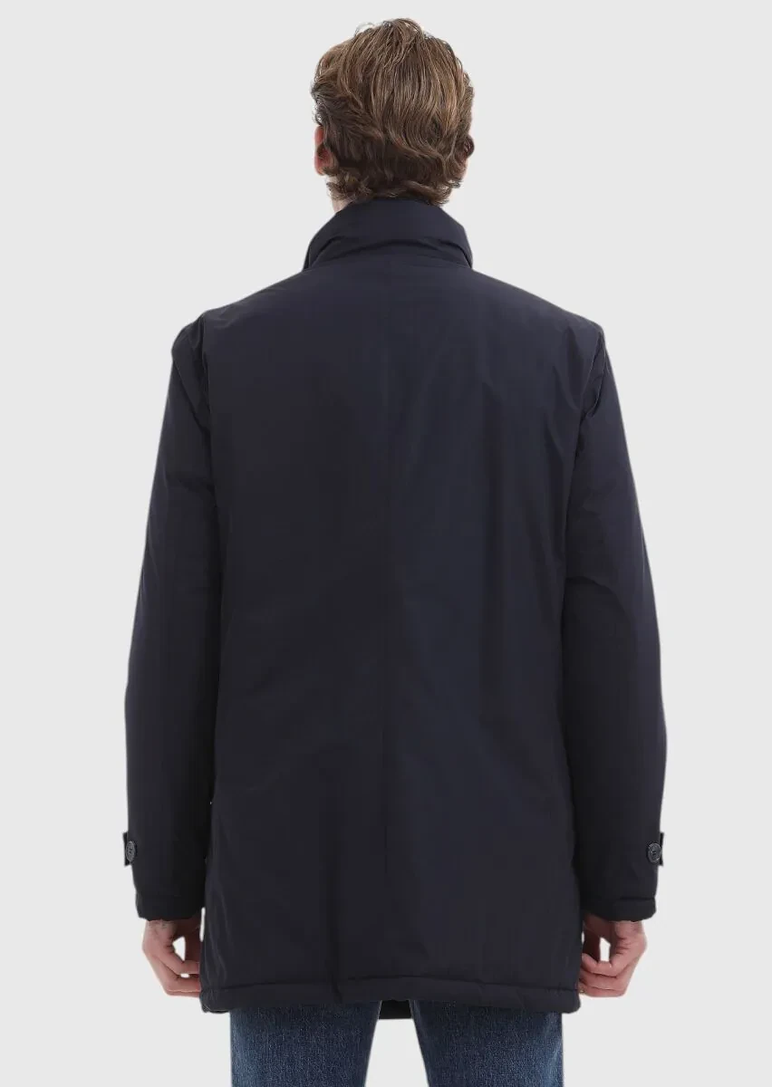 Navy Blue Regular Fit Turtleneck Casual Weaving Coat - 5