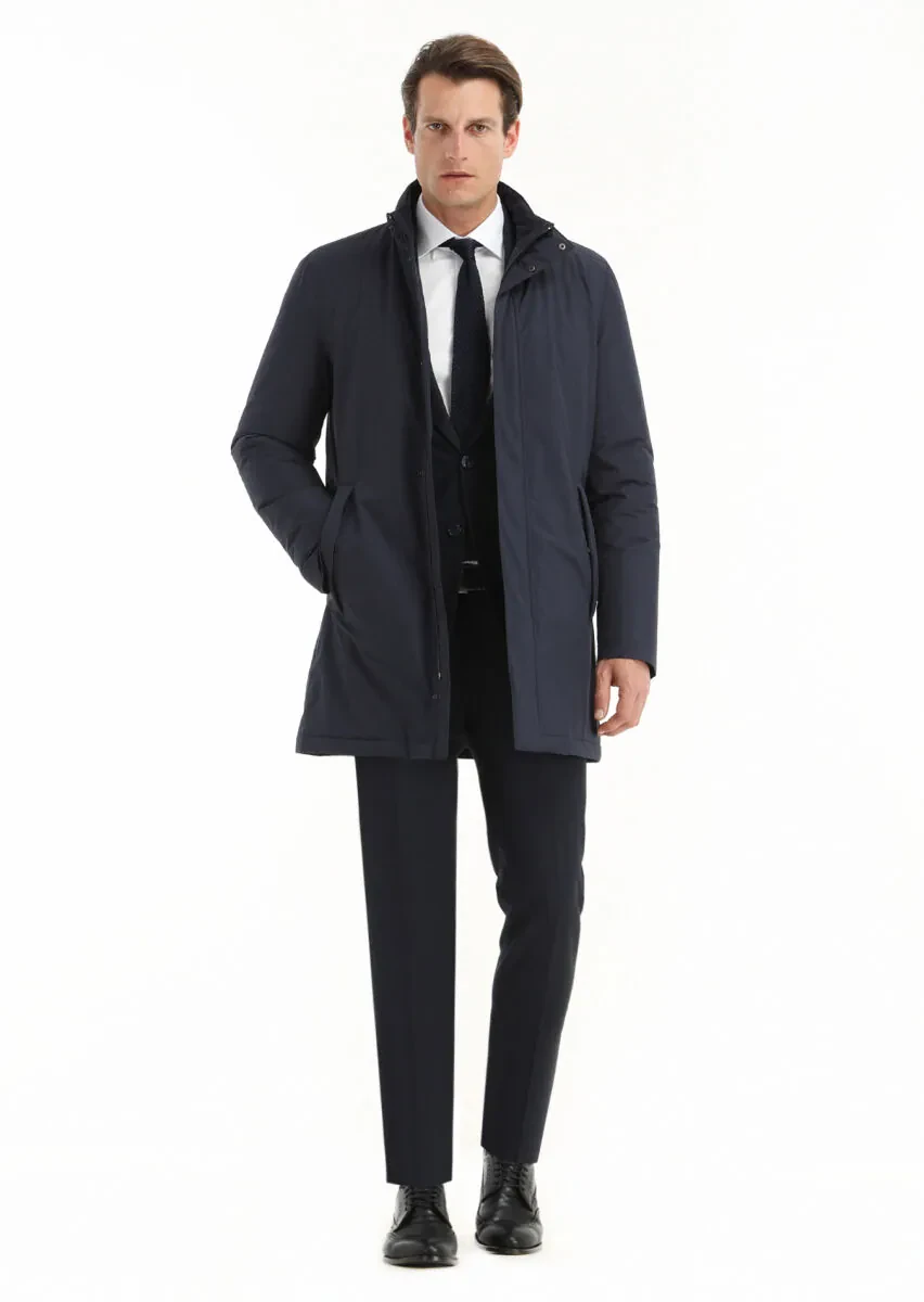 Navy Blue Regular Fit Turtleneck Casual Weaving Coat - 2