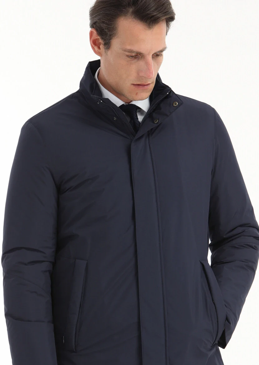 Navy Blue Regular Fit Turtleneck Casual Weaving Coat - 3