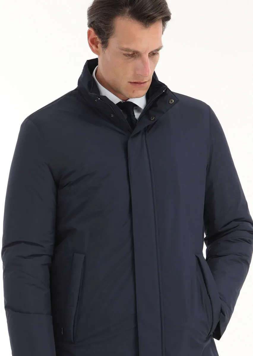 Navy Blue Regular Fit Turtleneck Casual Weaving Coat - 3