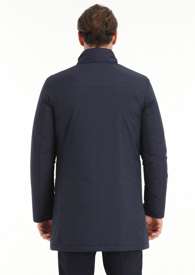 Navy Blue Regular Fit Turtleneck Casual Weaving Coat - 5