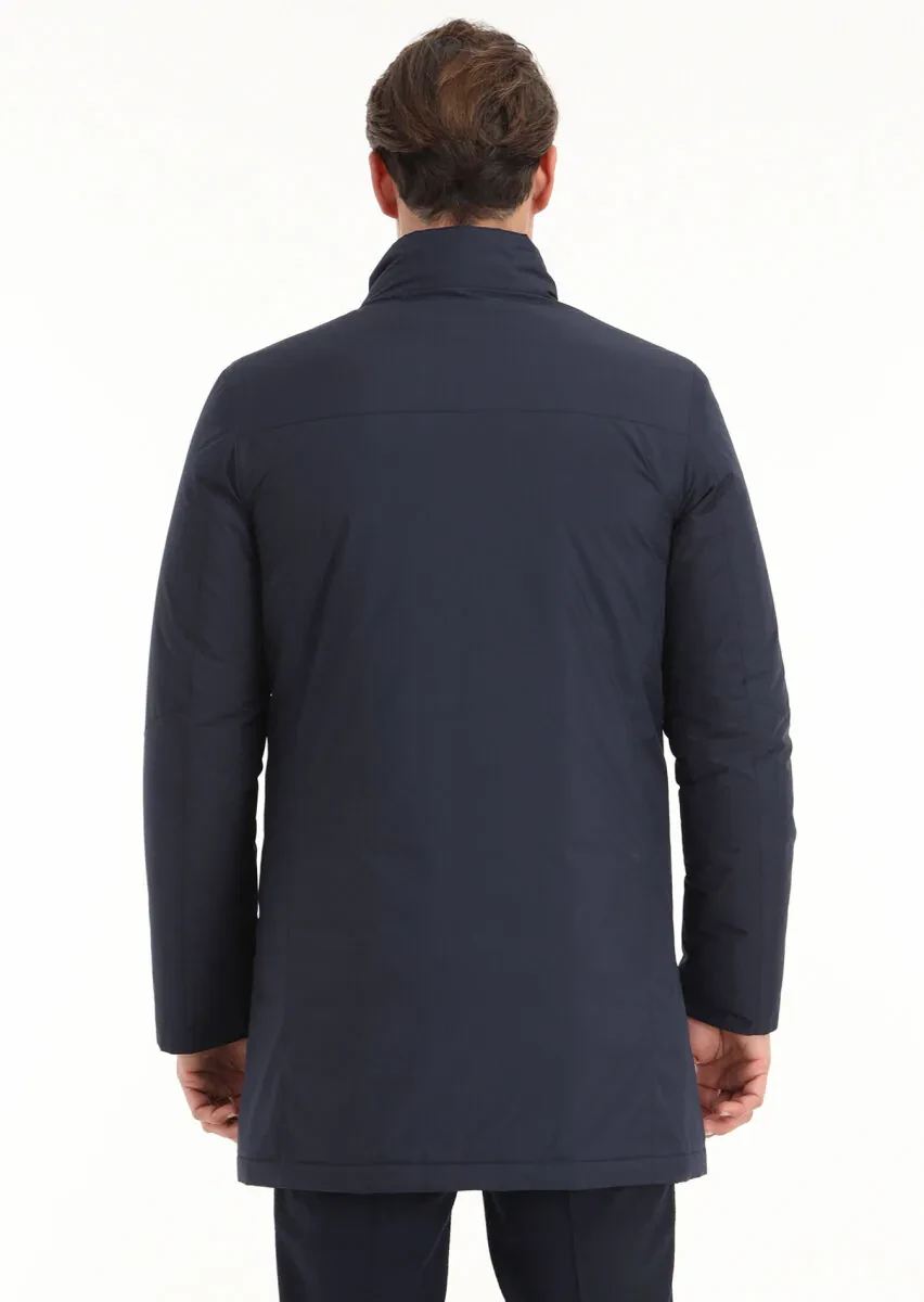 Navy Blue Regular Fit Turtleneck Casual Weaving Coat - 5