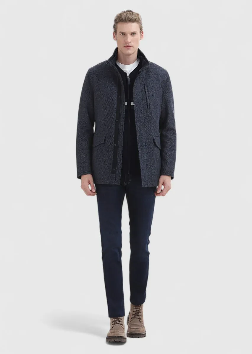 Navy Blue Regular Fit Turtleneck Casual Weaving Coat - 1