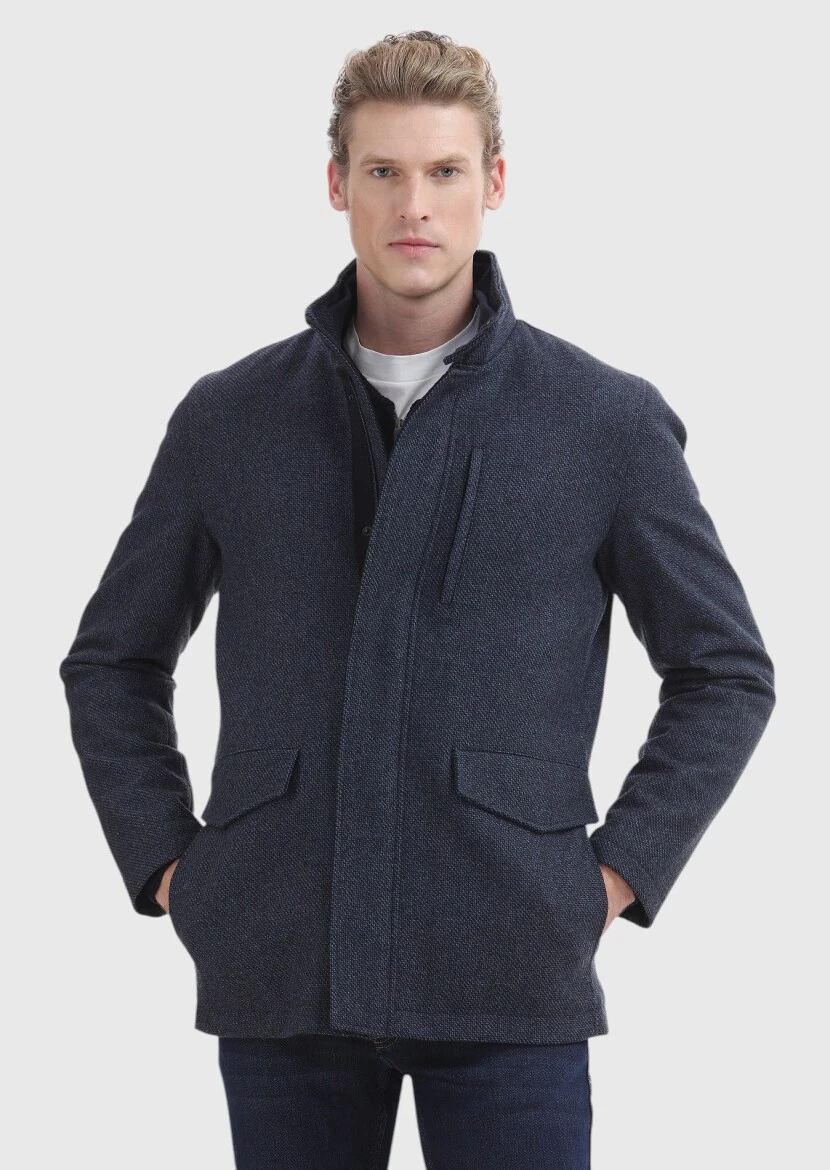Navy Blue Regular Fit Turtleneck Casual Weaving Coat - 2