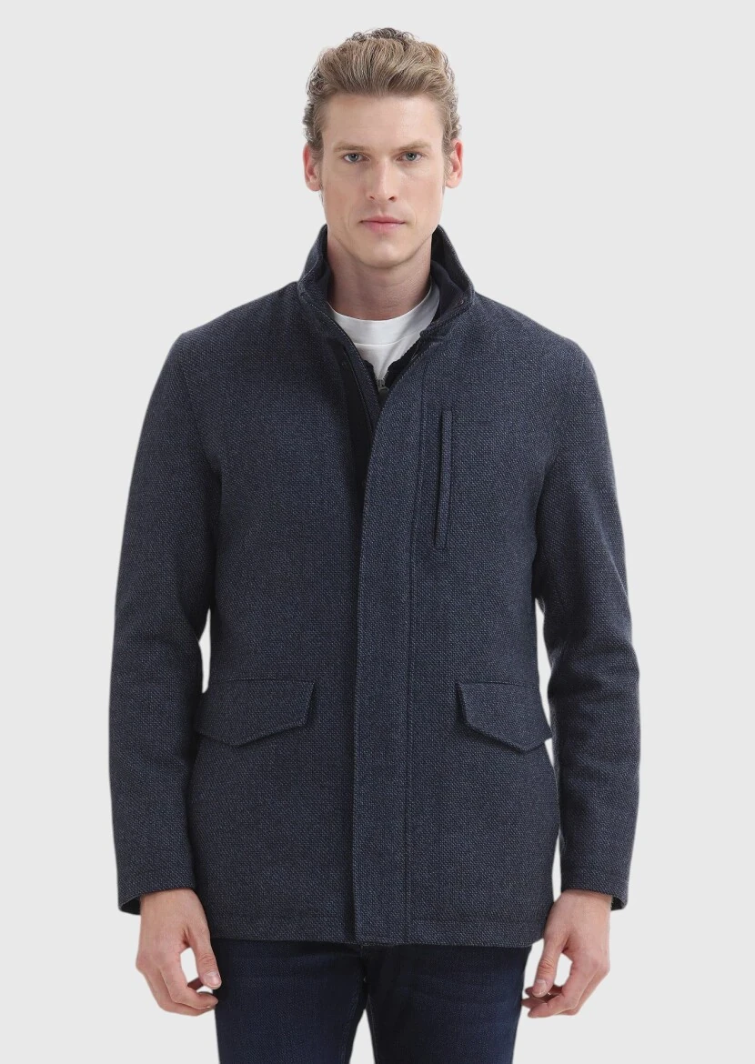 Navy Blue Regular Fit Turtleneck Casual Weaving Coat - 3