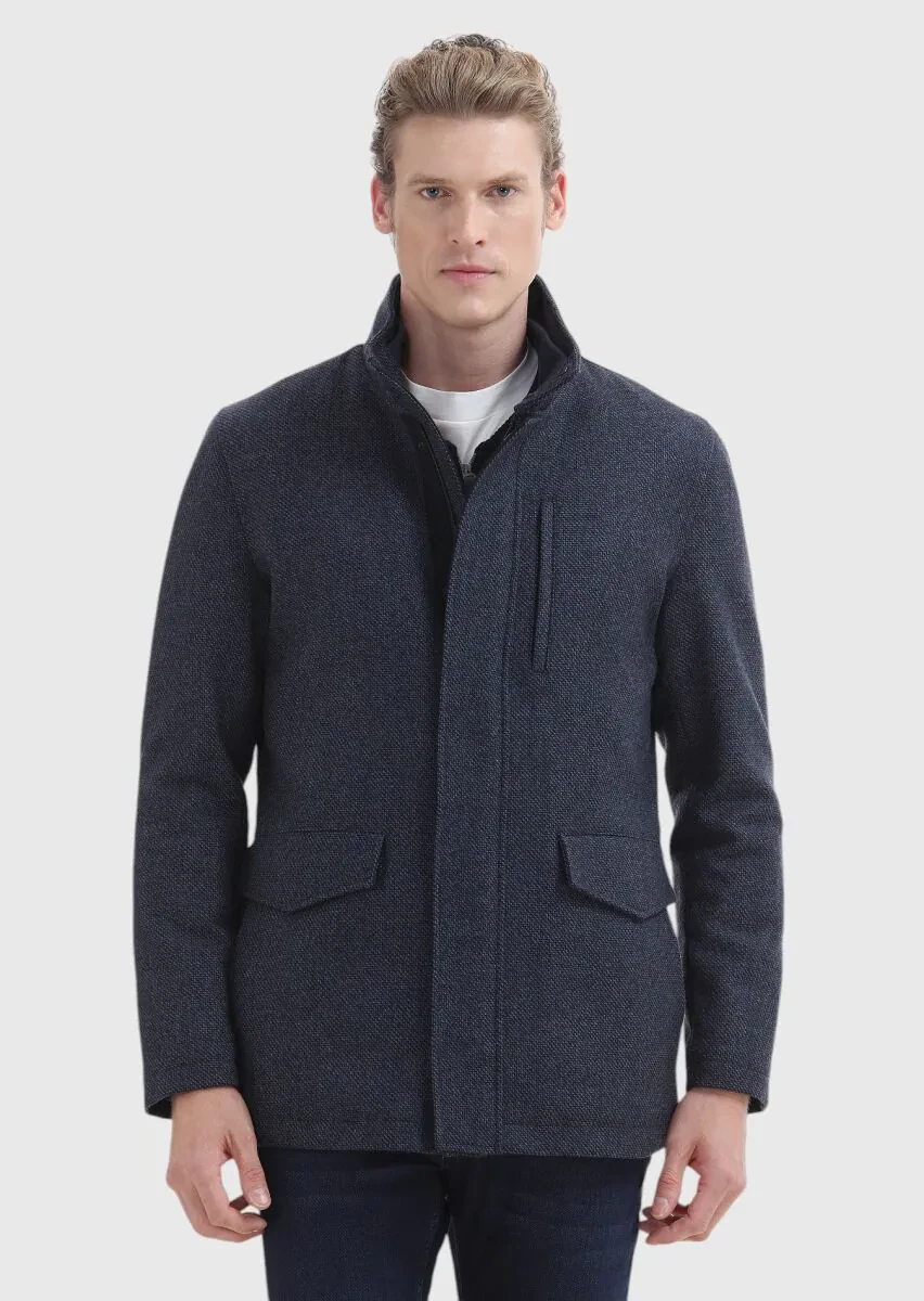 Navy Blue Regular Fit Turtleneck Casual Weaving Coat - 3