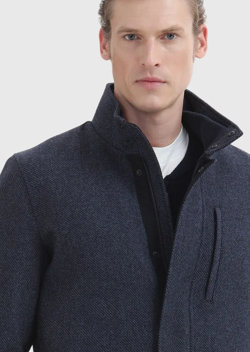 Navy Blue Regular Fit Turtleneck Casual Weaving Coat - 4