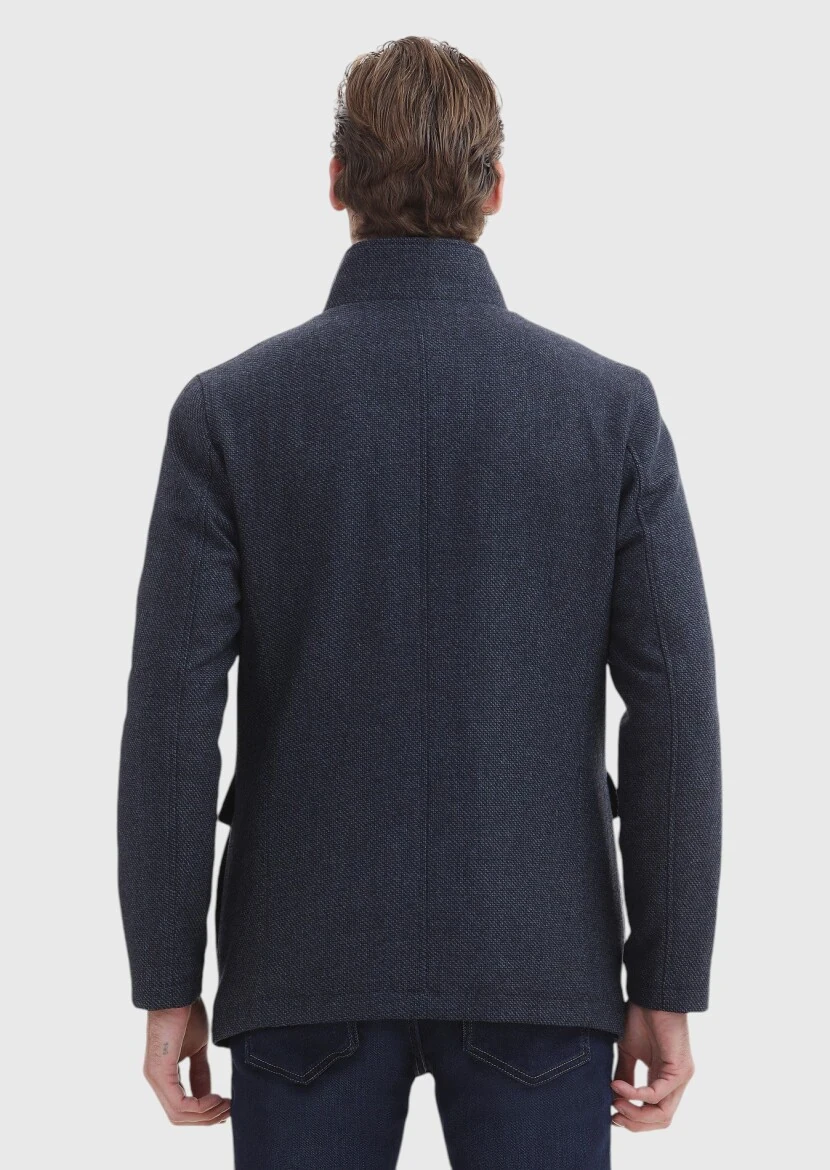 Navy Blue Regular Fit Turtleneck Casual Weaving Coat - 5