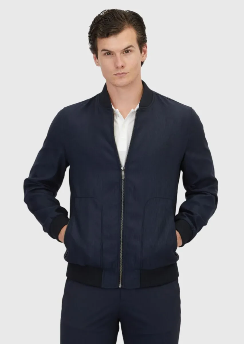 Navy Blue Regular Fit Turtleneck Casual Weaving Coat - 1