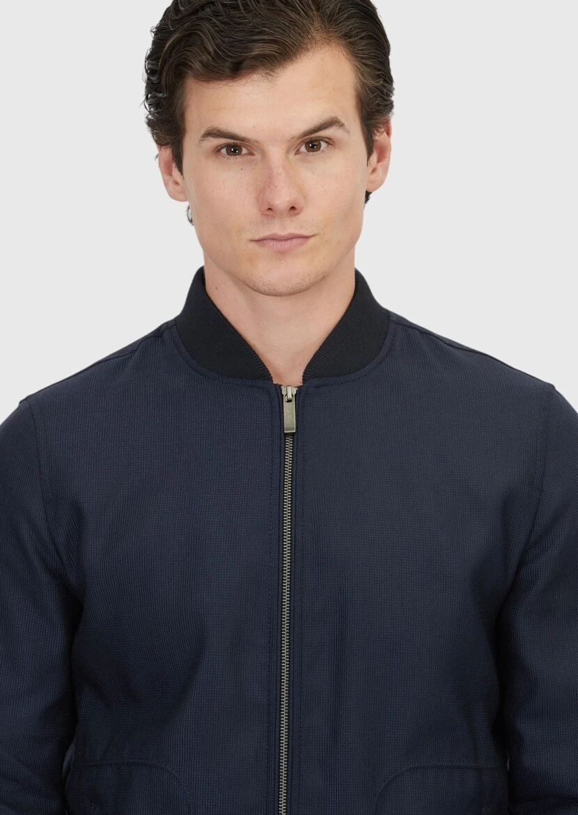 Navy Blue Regular Fit Turtleneck Casual Weaving Coat - 3