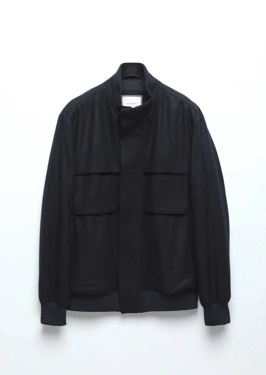 Navy Blue Regular Fit Turtleneck Casual Weaving Coat - 1