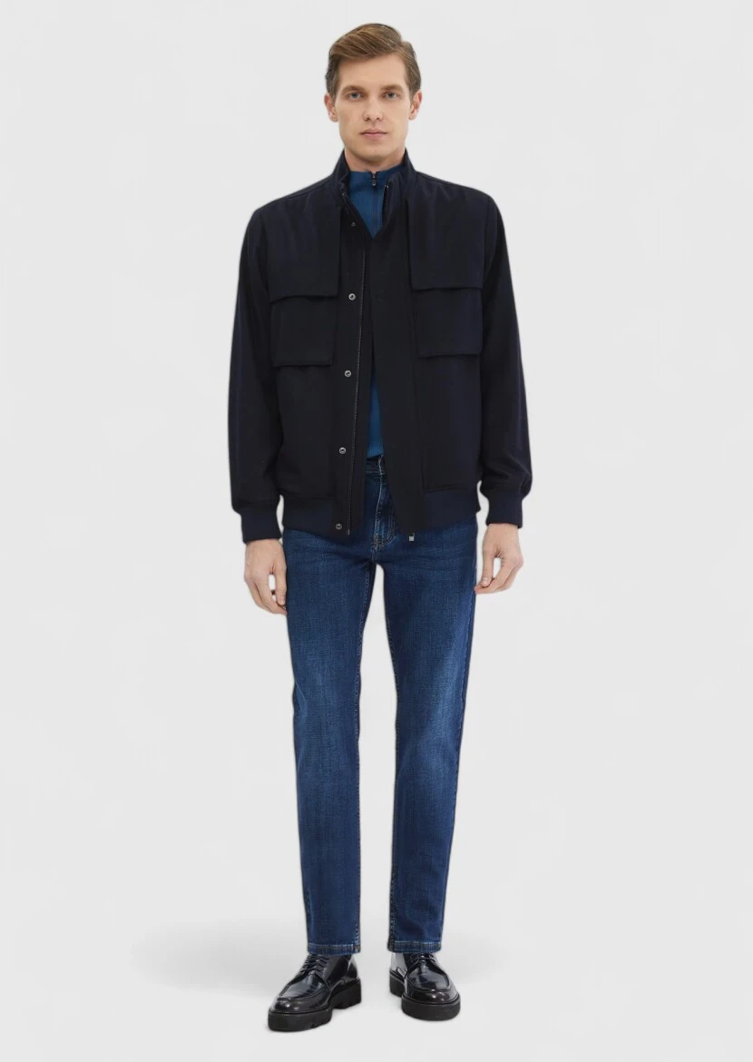 Navy Blue Regular Fit Turtleneck Casual Weaving Coat - 2