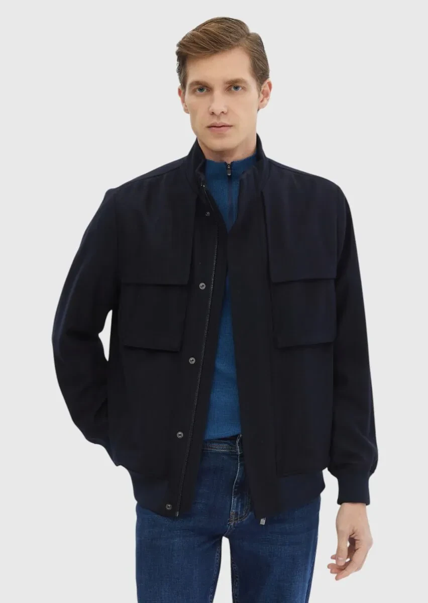 Navy Blue Regular Fit Turtleneck Casual Weaving Coat - 4